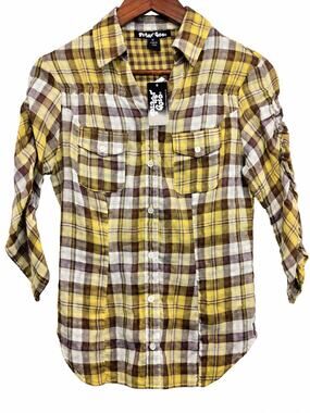 NWT Planet Gold Plaid Button Front Shirt Top Size M Yellow Brown 100% Cotton